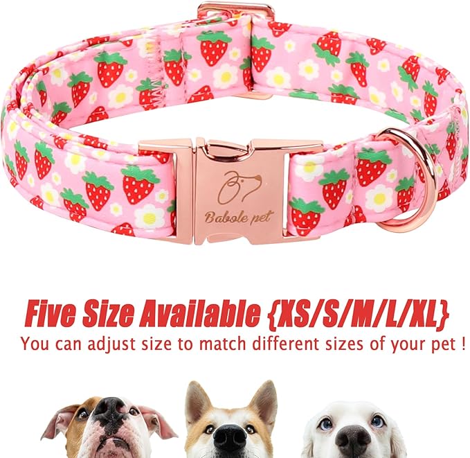 Strawberry Dog Collar for Medium Dogs - Adjustable Spring Summer Pink Girl Dog Collars, Cute Girly Female Pet Collar with Metal Buckle M