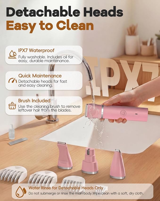 Veeconn Dog Grooming Clippers Kit-Electric Rechargeable Cat Trimmer Tools-Cordless Quiet Pet Nail Paw Grinder-4 in 1 Multifunctional Low Noise Shaver-Razor for feet Face Ears Toenail Eye (Pink)