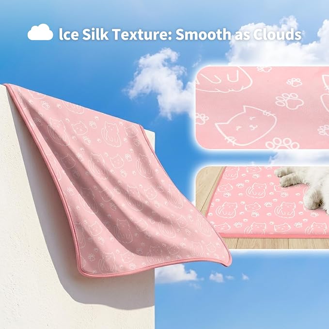 NWK Pet Cooling Mat -Q-Max>0.345 Ice Silk Cooling Mat for Dogs & Cats Portable & Washable Pet Cooling Blanket, Car Seats, Beds for Summer (Pink Cat, 20'' X 16'' X 0.3'')