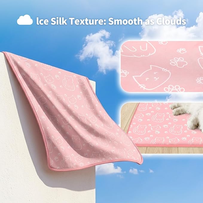 NWK Pet Cooling Mat -Q-Max>0.345 Ice Silk Cooling Mat for Dogs & Cats Portable & Washable Pet Cooling Blanket, Car Seats, Beds for Summer (Pink Cat, 27'' X 20'' X 0.3'')