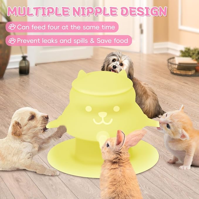 2Pcs Puppy Milk Feeder Nursing Station, Dispenser Food Grade Silicone with 4 Dummy Nipples 230ml Capacity for Newborn Puppies, Rabbits, Kittens (Pink, Yellow)