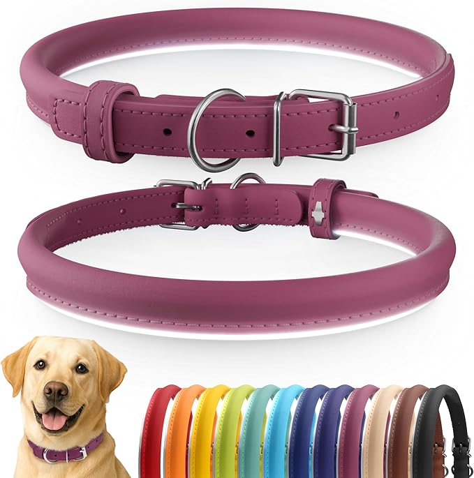 CollarDirect Reflective Rolled Leather Dog Collar, Soft Padded Round Puppy Collar, Handmade Genuine Leather Collar Dog Small Large Cat Collars 13 Colors (15-19 Inch, Pink Reflective)
