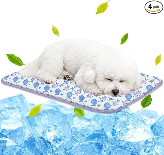 NWK Pack of 4 Pet Cooling Mat - Ice Silk Cooling Mat for Dogs & Cats Portable & Washable Pet Cooling Blanket, Car Seats, Beds for Summer (4pcs, Purple Fish, 27’’ X 20’’ X 0.3)