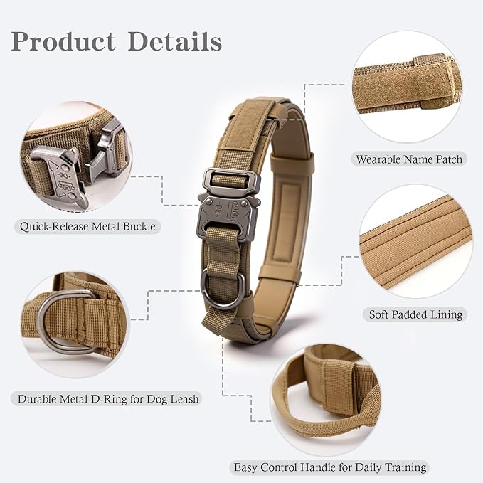 Tactical Dog Collar and Leash Set Adjustable Military Nylon Dog Collar with Control Handle and Heavy Duty Metal Buckle for Large Dogs（Brown XL