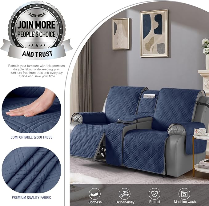 TAOCOCO Waterproof Loveseat Recliner Cover with Console, Non-Slip Reclining Loveseat with Console Cover with Pocket, Split Recliner Sofa Covers Furniture Protector for Pets Dogs(2 Seater, Navy Blue)