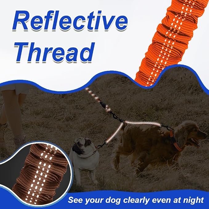 MingXpets Double Dog Leash, Dual Dog Leash, 360° Swivel Tangle Free Bungee Walking Training for Large Medium Dogs, Shock Absorbing Bungee Reflective for Two Dogs, 18~120 lbs, Orange