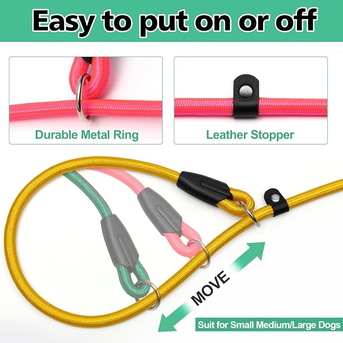 FOVRLZSE 3-Pack Adjustable No-Pull Dog Slip Leads 3 Colors (Yellow/Pink/Green) - Dogs' Fave Hues, Easy On/Off, No Collar Needed, Ideal for Training & Walking