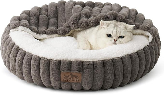 COZY KISS Hooded Blanket Cat Bed – 20"x20" Round Fluffy Donut Cuddler for Cats & Toy Dogs, Anti-Anxiety Faux Fur Pet Bed, Machine Washable with Non-Slip Bottom, Grey