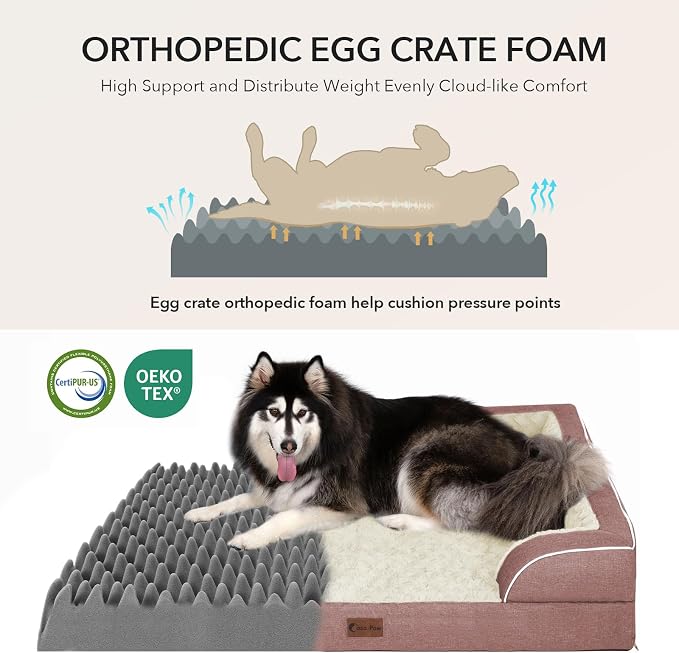 Orthopedic Dog Beds for Large Sized Dogs 35x22 Inch, Medium Waterproof Egg Crate Foam Dog Sofa Bed with Removable Washable Cover Pet Couch with Bolster Side & Non-Slip Bottom, Pink