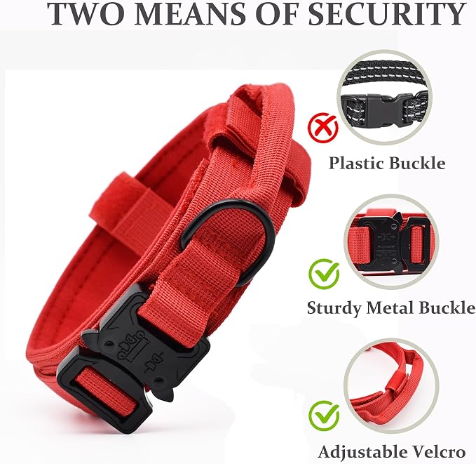 Tactical Dog Collar, Adjustable Military Training Nylon Dog Collar with Control Handle and Heavy Quick-Release Metal Buckle for Small Medium Large Dogs, Red S