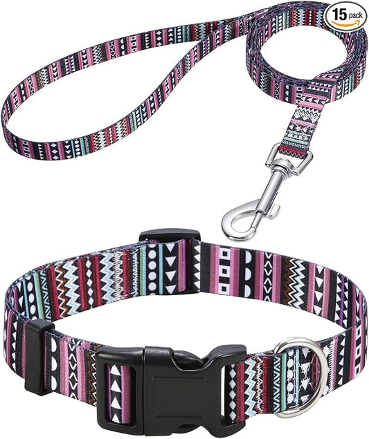 Mihqy Dog Collar and Leash Set with Bohemia Floral Tribal Geometric Patterns - Soft Ethnic Style Collar Adjustable for Small Medium Large Dogs(Bohemian Purple Set,L)