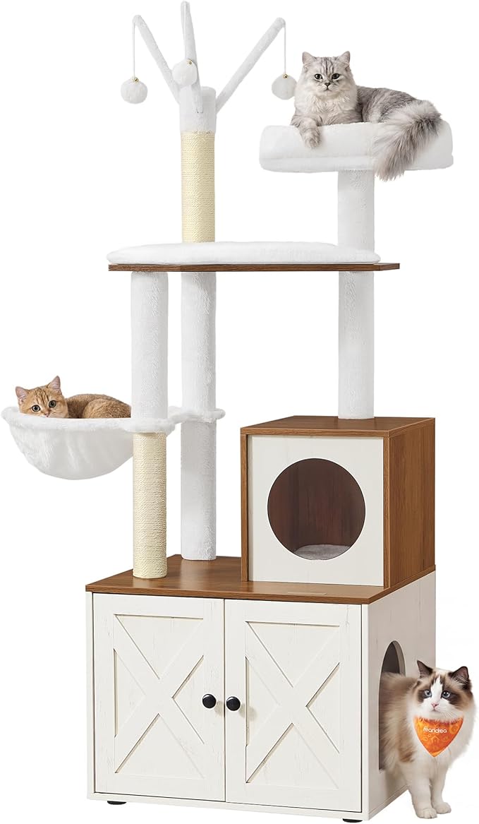 Feandrea Cat Tree with Litter Box Enclosure, 59-Inch Modern Cat Tower, 2-in-1 Condo with Scratching Posts, Washable Removable Cushion, Rustic White and Honey Brown UPCT113W201