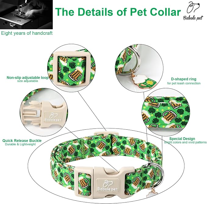 St Patricks Day Dog Collar for Large Dogs - Green Beer Shamrock Dog Collars for Boys&Girls Dogs, Adjustable Irish Clover Puppy Collar with Quick Release Buckle L