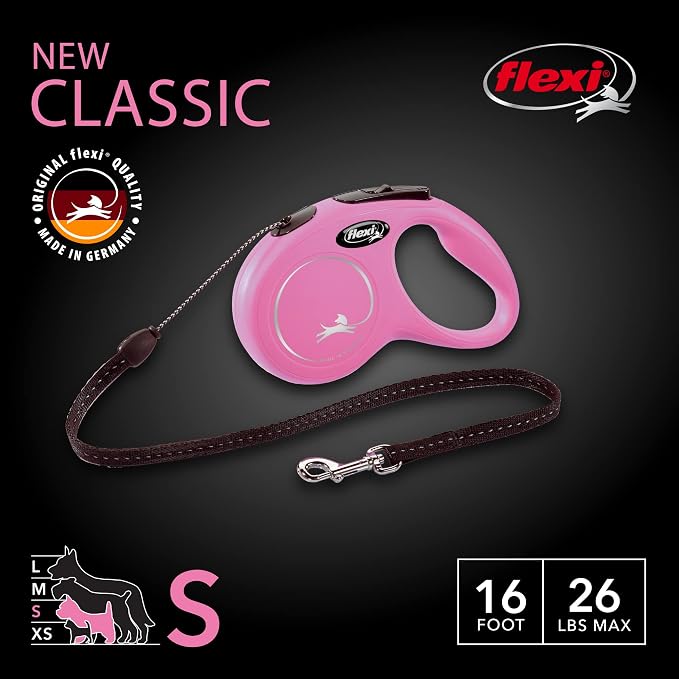 FLEXI Classic Cord Retractable Dog Leash for Small Dogs up to 26 lbs. – 16 ft., Pink | Tangle-Free Cord Design with One-Handed Brake, Pause, Lock|German Quality Product