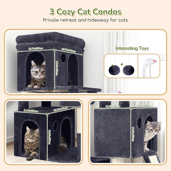 Globlazer Heavy Duty Cat Tree for Indoor Cats Large Adult, F52B, Dark Grey | 3 Condos, Extra-Large Baseboard, Removable Top Perch, 4 Sisal Posts & Board, Hanging Basket, Anti-Topple Strap, Easy Setup