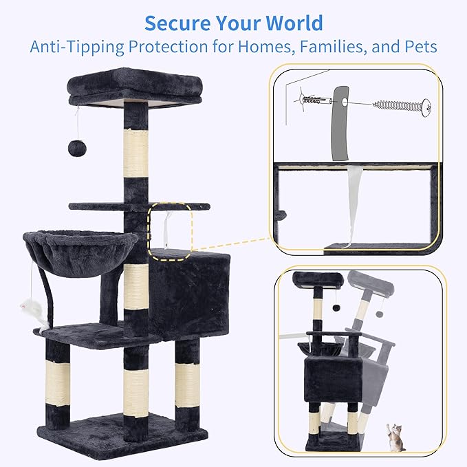 Heybly Cat Tree with Toy, Cat Tower condo for Indoor Cats, Cat House with Padded Plush Perch, Cozy Hammock and Sisal Scratching Posts, Smoky Gray HCT004SG