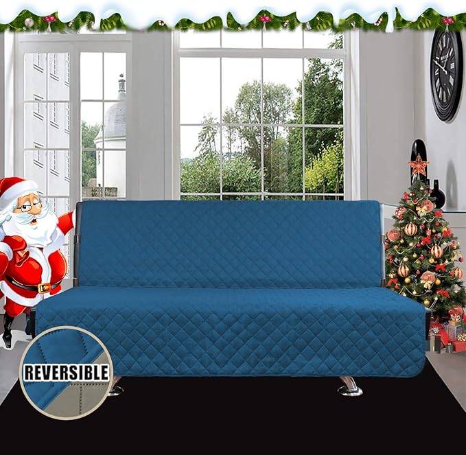 Easy-Going Futon Sofa Slipcover Reversible Sofa Cover Armless Cover Furniture Protector Couch Cover Water Resistant Pets, Kids, Children, Dog, Cat PeacockBlue/Beige