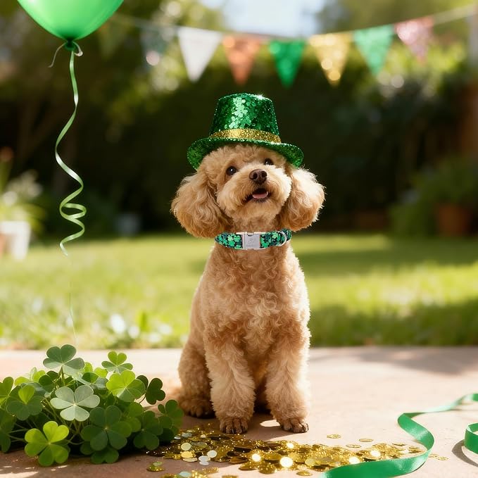 St. Patrick's Day Dog Collar, Lucky Clover Dog Collars, Adjustable Heavy Duty Irish Festive Pet Collar for Small Medium Large Dogs with Metal Buckle M