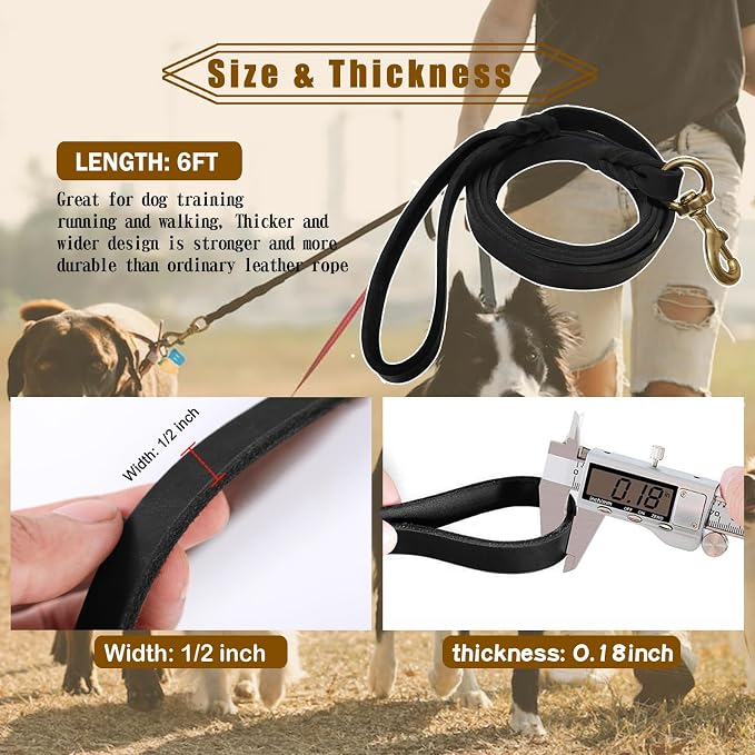 Leather Dog Leash 6ft x 1/2 inch,Strong Heavy Duty Genuine Leather Braided Dog Training Leash, Soft and Comfortable Leather Leash for Large Dogs, Medium Small Dogs (Black, 6FT*1/2in)