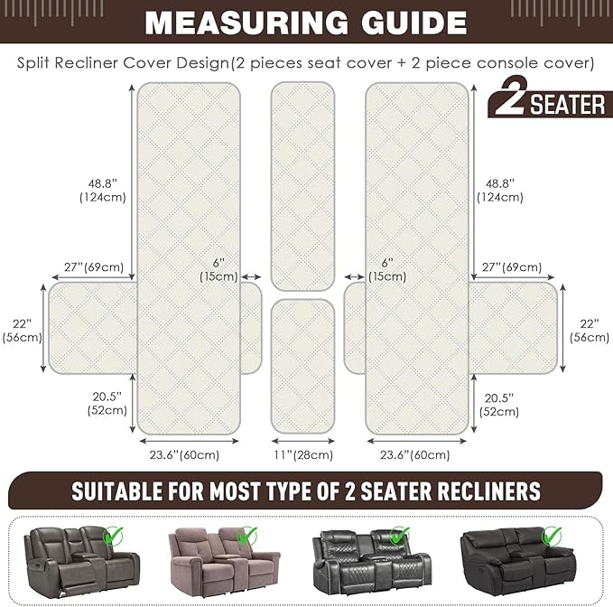 TAOCOCO Loveseat Recliner Cover with Center Console, 100% Waterproof Pet Cover for Dual Recliner with Straps Design, Split Reclining Loveseat Covers Furniture Pet&Kids Protector (2 Seater, Chocolate)