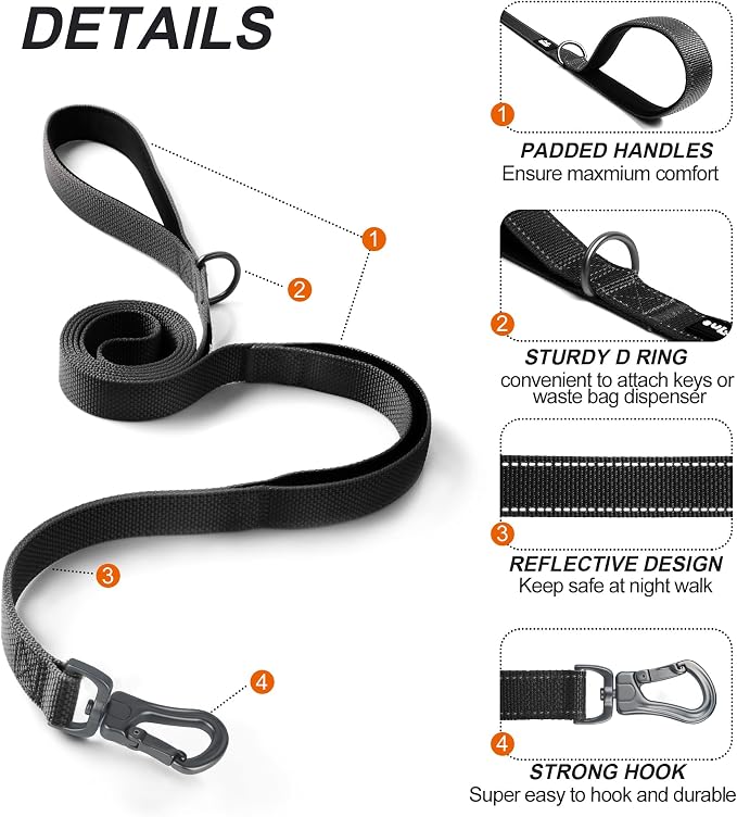TwoEar 4FT 1IN Strong Black Dog Leash with 2 Padded Handles, Traffic Handle Extra Control, Comfortable Soft Dual Handle, Auto Lock Hook, Reflective Walking Lead for Small Medium and Large Dogs