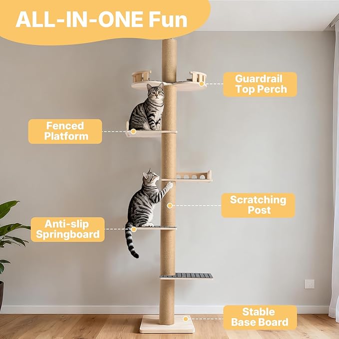 Veehoo Floor to Ceiling Cat Tree, Adjustable Height (5.1-9.4 ft) Tall Climbing Tower with Sisal Scratching Posts, Modern Cat Activity Tree for Indoor Cats