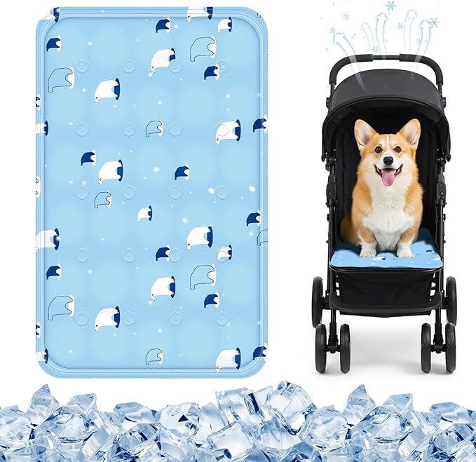 Nuanchu Dog Stroller Cooling Mat, Waterproof Gel Pet Cooling Pad for Summer, Washable Cat Sleeping Blanket, Portable Ice Gel Travel Mat for Cats, Crates, Car Seat(11.81 x 19.69 Inches,Sky Blue Bear)