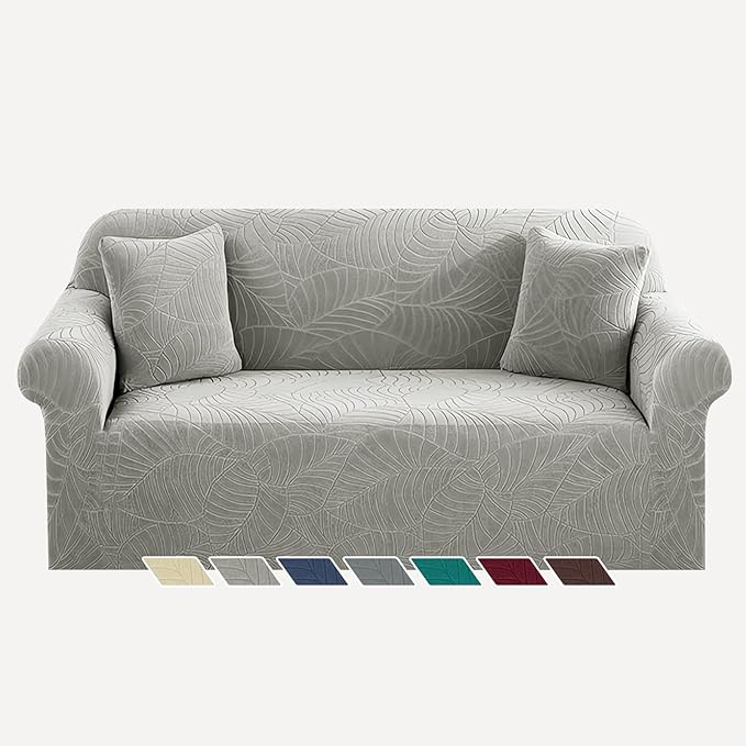YEMYHOM Couch Cover Latest Jacquard Design High Stretch Sofa Covers for 2 Cushion Couch, Pet Dog Cat Proof Loveseat Slipcover Non Slip Elastic Furniture Protector (Medium, Begonia Leaf Light Grey)