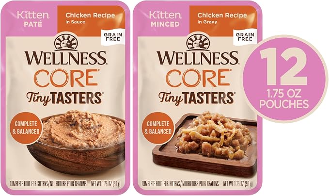 Wellness CORE Tiny Tasters Minced and Pate Variety Pack Kitten Wet Cat Food, Natural, Protein Rich, Grain Free, Chicken Recipes, 1.75 oz, Pack of 12 Pouches