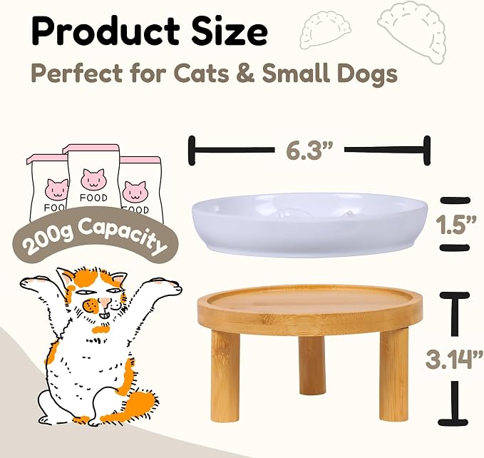 Slow Feeder Bowl, 6.3″ Elevated Cat Bowl with Stand, Melamine Wide Shallow Food Bowl, Whisker-Friendly Raised Plate, Wet Food Feeder for Slow Eating (White)