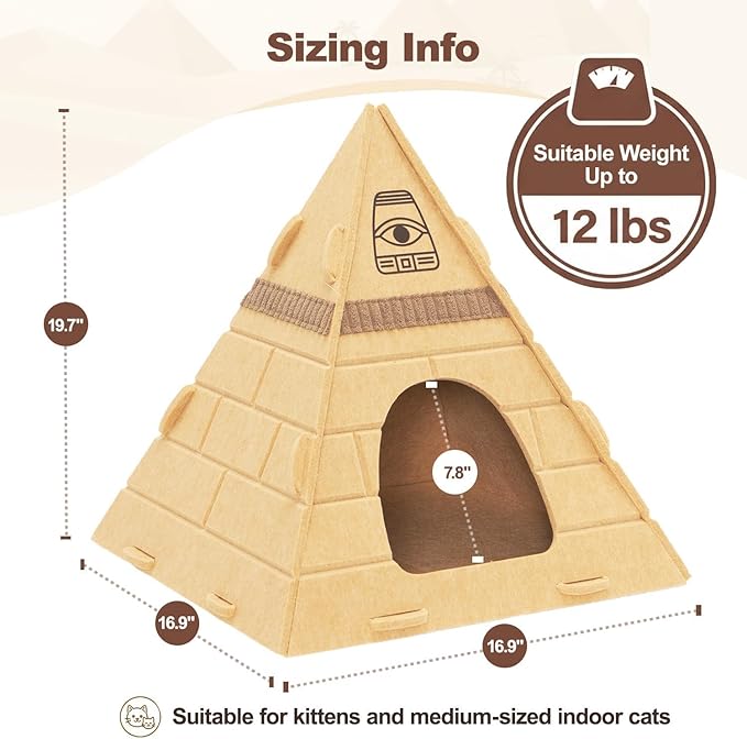 Cat House for Indoor Cats, Scratch-Resistant Cat Cave Bed, Felt Cat Scratch House Hideaway with Pharaoh Headdress, 17x17x20