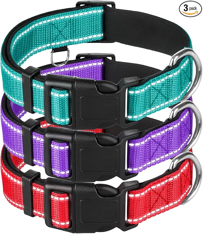 TECEUM 3 Pack Reflective Dog Collar – Purple&Red&Teal – M – Extra Soft Padding – Basic Nylon Pet Collar