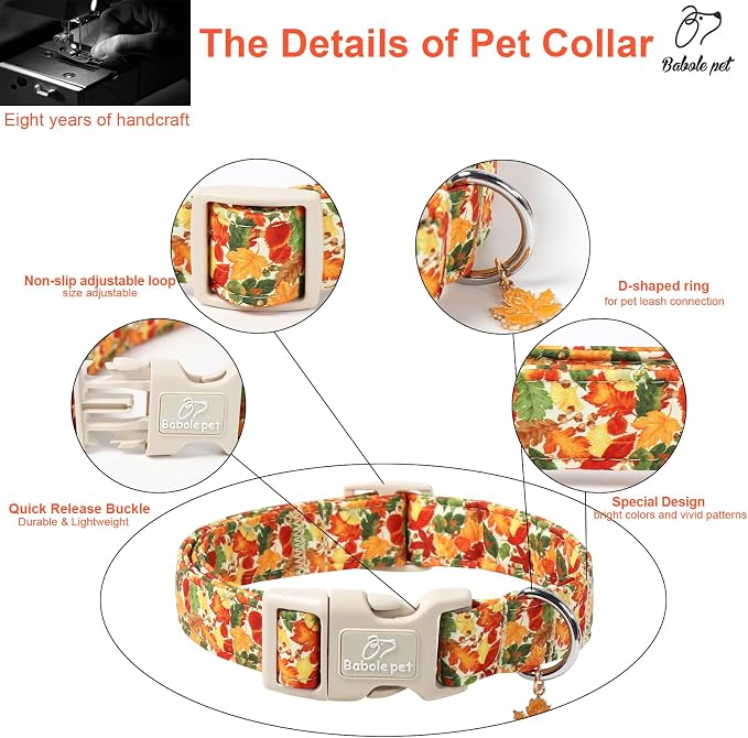 Fall Dog Collar Cute Autumn Leaves Puppy Collar - Light Comfortable Adjustable Pet Collars for Small Medium Large Girl Boy Dogs XL