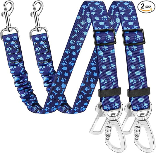 SlowTon Dog Seatbelt, 2 Pack Dog Seat Belt Car Leash Adjustable Elastic Bungee Buffer Heavy Duty Nylon Reflective Pet Safety Tether Connect to Dog Harness for Travel Riding in Vehicle (Daul Clip, BL)