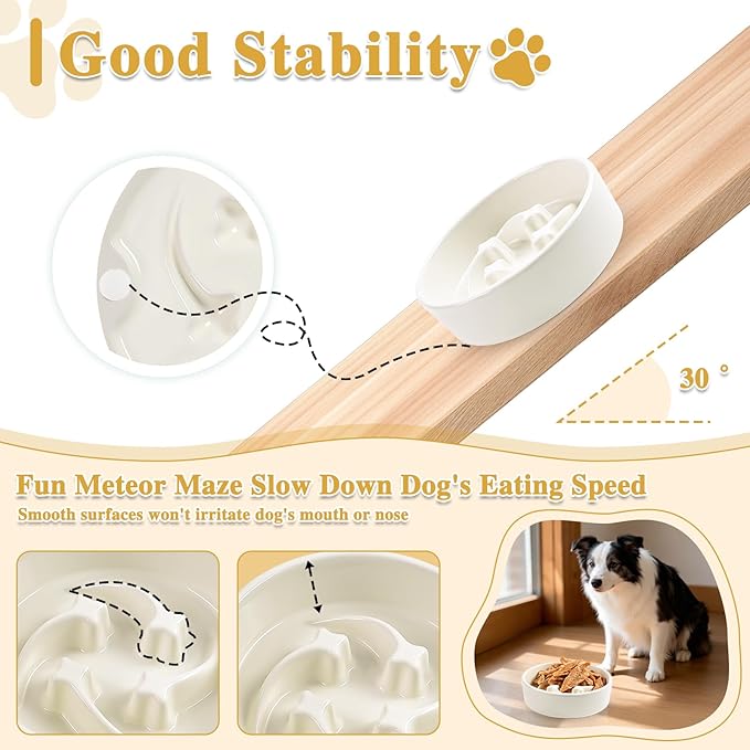 Ceramic Slow Feeder Dog Bowls, 0.6 Cups Dog Food Dish for Small and Medium Breed, Puzzle Dog Food Bowl for Fast Eater, 15OZ, 6.3 inch(Beige)