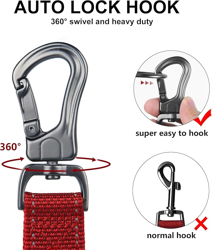TwoEar 4FT 1IN Strong Red Dog Leash with 2 Padded Handles, Traffic Handle Extra Control, Comfortable Soft Dual Handle, Auto Lock Hook, Reflective Walking Lead for Small Medium and Large Dogs