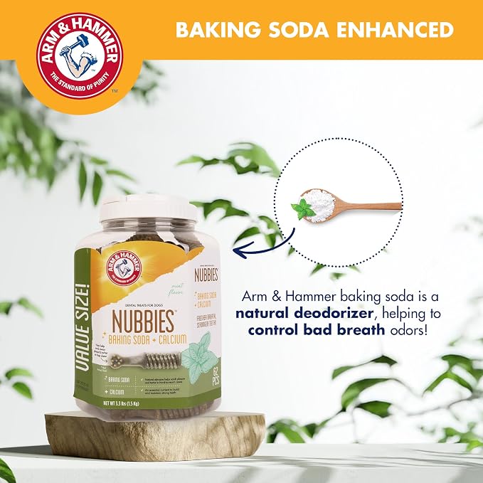 Arm & Hammer for Pets Nubbies Dental Treats Value Size Baking Soda Calcium Helps Scrub Plaque Tartar Mint Flavor Daily Oral Care 62 Count 52.8 OZ Value Bucket Dogs and Puppies Daily Bucket