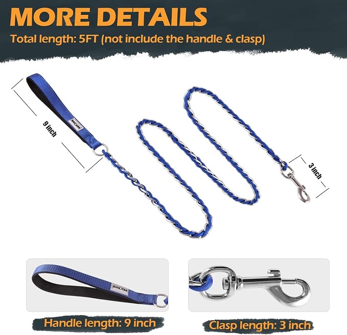 Chain Dog Leash Chew Proof Metal Leash for Medium Large Dogs, Chain Link Dog Anti Chew 5.2FT / 4FT Strong Anti Bite Comfortable Soft Padded Handle (Blue, 5FT(30-80lb)