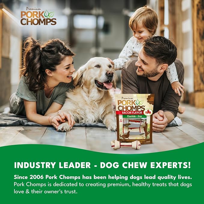 Pork Chomps Baked Pork Skin Dog Chews, 6 Inch Knots, 8 Count, 1 Pack, Bacon Flavor - Long-Lasting Treats for Dogs - High Protein, Rawhide-Free, Low Fat, Healthy & Delicious Chews