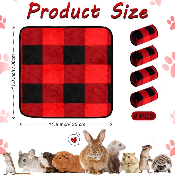 Reginary 4 Pcs Waterproof Guinea Pig Blankets Washable Small Animal Fleece Bedding Absorbent Guinea Pig Cage Liners Reusable Training Pee Pad Pet Sleep Mat for Hamster(Plaid,12 x 12 Inch)
