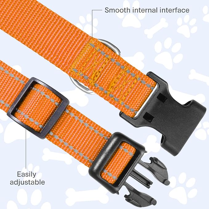 FunTags Length 8" - 12" Reflective Orange Dog Collar for Extra Small Dogs – Night Walking & Training Safety, Durable Quick Release Buckle, Nylon, Comfortable Adjustable, Width 5/8"