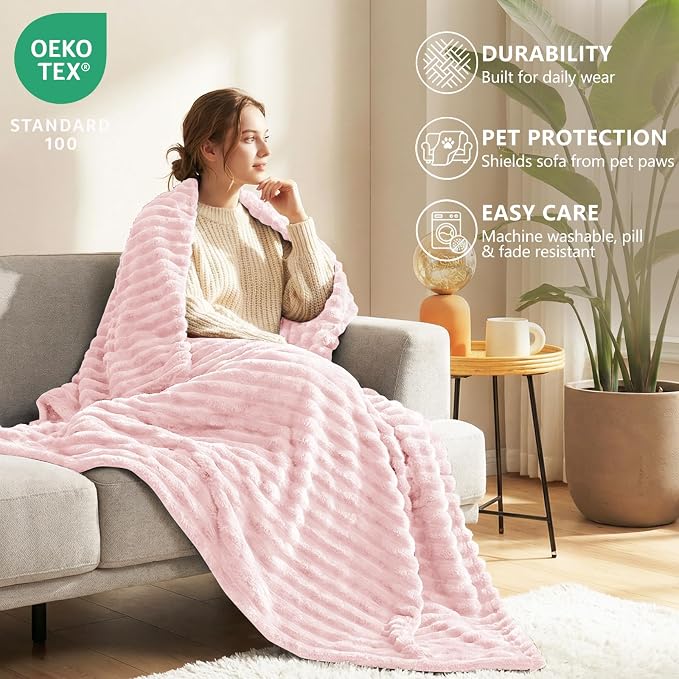 HIMEET Fleece Pink Throw XL Blanket for Couch - 300GSM Ribbed Soft Cozy Nap Blankets for Travel, New Home Birthday Gifts for Women Men Her, Long Sofa Aesthetic Room Decor Office Throws, 50x70 Inches