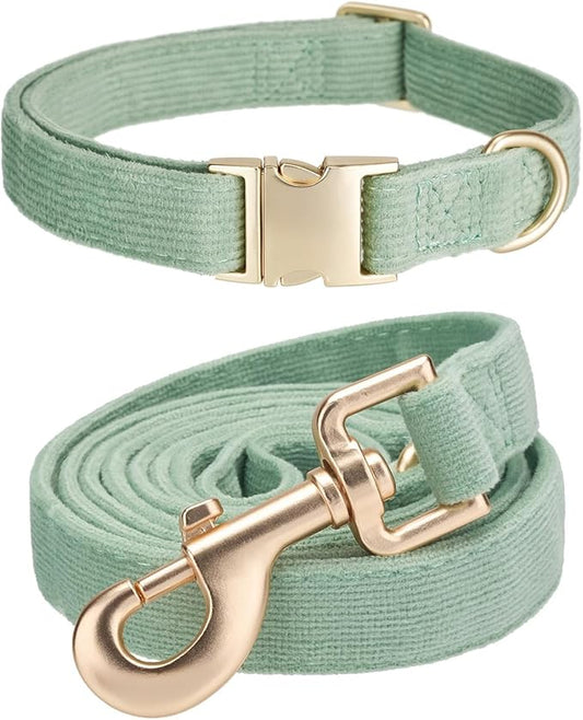 Soft Corduroy Dog Collar and Leash Set Adjustable Durable Dog Collars with Metal Buckle and Lead for Large Dogs,Grass Green