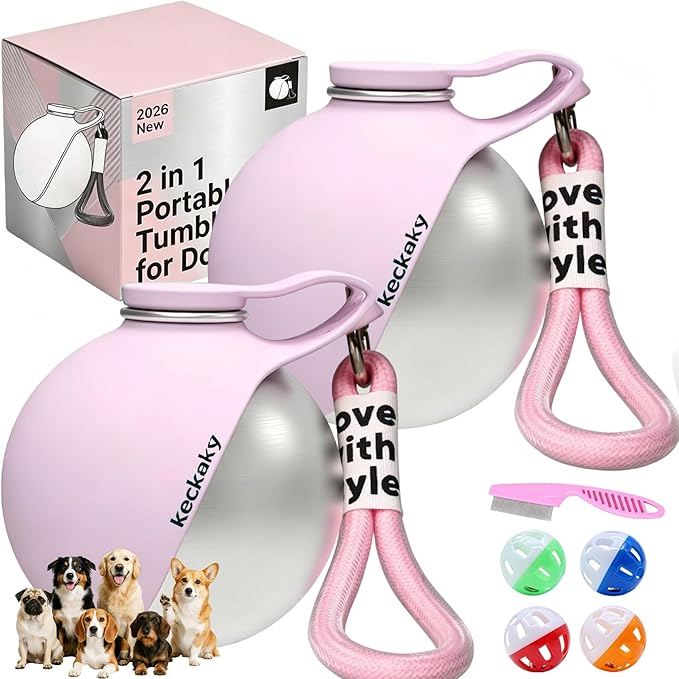 2 in 1 Portable Dog Water Bottle, 2026 New 10oz Spherical Stainless Steel Pet Bottle with Silicone Foldable Bowl, No-Spill Leak-Proof Design, Dog Water Bottle for Walking, Hiking, Travel (Pink*2)