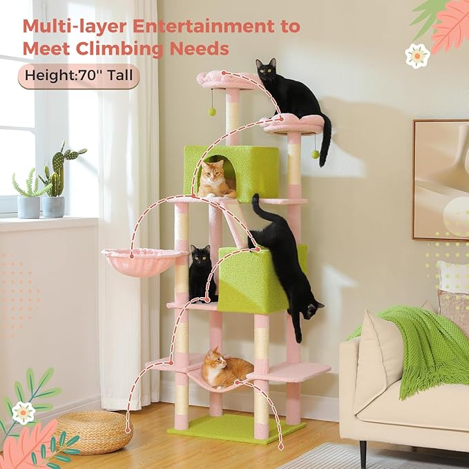 MUTTROS Flower Cat Tree Tall 70.8" for Adult Indoor Cats, 8-Levels Large Cat Tower with 8 Sisal Posts, 2 Hammocks, 2 Condos, Big Perch & 3 Pom Poms for Multi-Cats Household – Carpet Pink