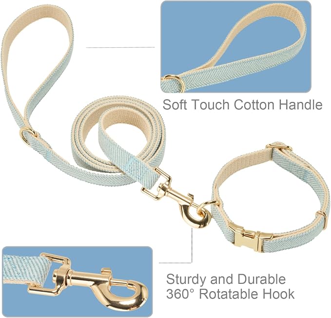 Soft Dog Collar and Leash Set Adjustable Woven Twilled Dog Collars with Metal Buckle and Lead for Small Medium Large Dogs,Blue
