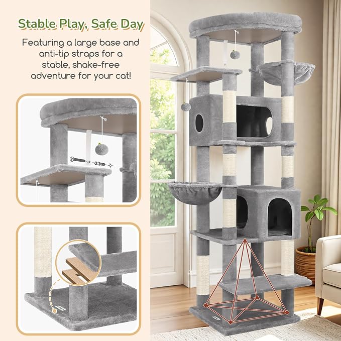 Globlazer Heavy Duty Cat Tree, 74in Tall Sturdy Cat Tower for Large Cats Adult Big Cat Tree with 7 Scratching Posts, 2 Condos with Pad, 2 Dual-Ear Hanging Baskets, Enlarged Top Perch, S74, Light Grey