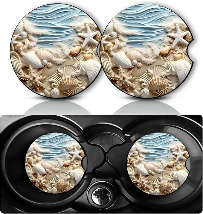 2Pack Beach Shell Car Cup Holder Coaster,Sea Shell Gifts for Women Men,Vehicle Interior Drink Mat Reusable Neoprene Car Coasters for Cup Holders Decor,Ocean Automotive Interior Accessories
