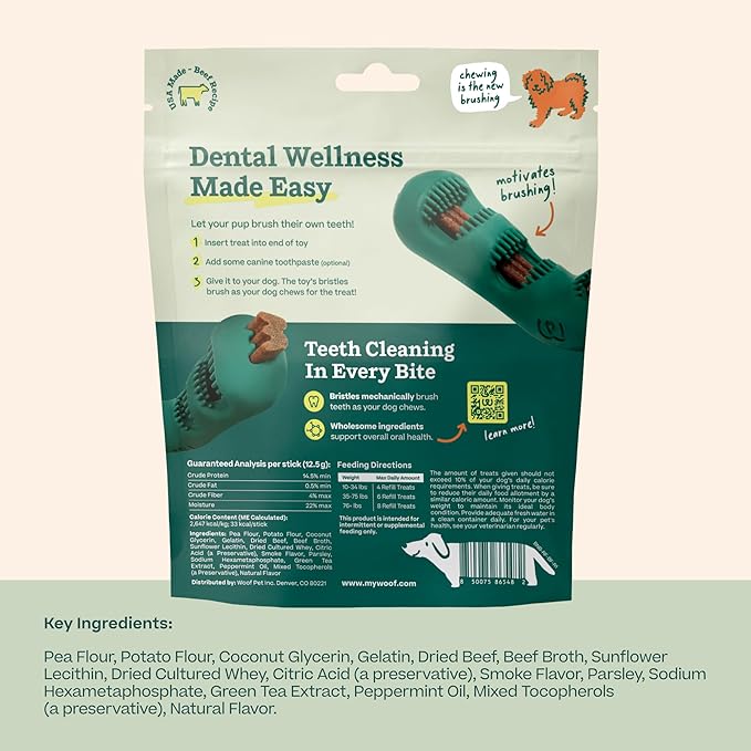 WOOF - Bite n' Brush Refills Treats for the Dog Toothbrush Toy - Scrub Plaque and Tartar from Your Dog's Teeth and Mouth - Dog Dental Sticks - 36 Refills - Beef - 2 Pack
