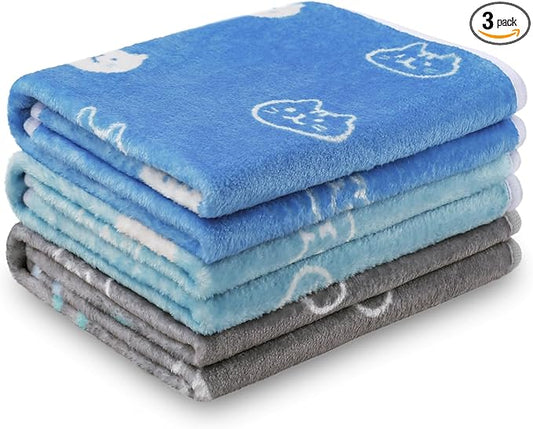 1 Pack 3 Blankets Super Soft Fluffy Premium Cute Cat Pattern Pet Blanket Flannel Throw for Dog Puppy Kitten Blue/Cyan/Grey Medium(30x20 inch)